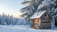 Rustic wooden cabin nestled in snowy forest clearing at golden hour, surrounded by frost-covered evergreen trees and stacked firewood, evoking winter solitude and mountain retreat aesthetics.