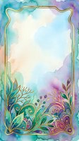 Watercolor frame with gold ornamental border and decorative floral elements in turquoise, purple, and pink tones. Isolated design ready for invitations, cards, and posters.