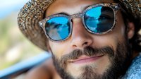 Smiling bearded man wearing straw hat and blue mirrored sunglasses in summer close up portrait showing positive emotions and happiness outdoors.