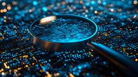 Magnifying glass on dark background with glowing blue bokeh lights and sparkles creating magical investigation and discovery atmosphere.