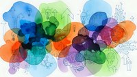 Colorful overlapping human head silhouettes with brain icons and business symbols representing teamwork, innovation and creative thinking concepts.