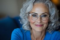 Confident mature woman with silver curly hair wearing stylish glasses and blue sweater smiling warmly at camera, representing active aging and professional success.