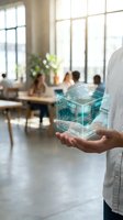 Businessman holding holographic cube displaying trust, growth, and value icons in modern office with team meeting in background.