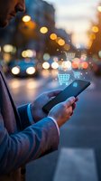 Businessman using smartphone for online shopping with digital cart icons floating above screen in urban evening setting with bokeh lights.
