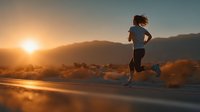 Young athletic woman jogging at sunrise in desert landscape with mountains and golden sunlight creating dramatic silhouette for fitness and wellness concepts.