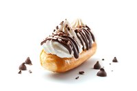 Cream-filled eclair topped with chocolate drizzle and chocolate chips on white background, fresh pastry dessert with whipped cream and dark chocolate garnish.