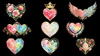 Watercolor heart clipart set with floral, winged, gem, and ornate designs, isolated on transparent background. Great for stickers, t-shirt design, and print on demand.