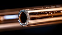 Luxury engagement ring with diamonds on rose gold background with bokeh lights and reflective surface. Close up macro jewelry photography with selective focus.