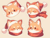 Adorable kawaii fox faces wearing winter accessories and santa hats in warm peach tones, expressing different cute emotions. For stickers and greeting cards.