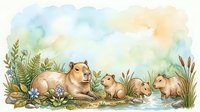 Watercolor capybara family resting near a pond with lush greenery, soft pastel sky, and wildflowers, charming nature scene with copy space.