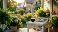 Cozy front porch with wicker chair, welcome sign, coffee cup, and lush garden in warm golden sunlight, inviting home exterior.