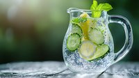 Refreshing detox water with sliced cucumber, lemon and mint leaves in glass pitcher. Sparkling mineral water with citrus and herbs on dark background.