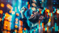 Young bearded man with glasses celebrating success against neon city lights background with bokeh effect, expressing joy and victory with raised fist.