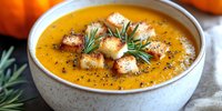 Creamy pumpkin soup with crispy croutons and fresh rosemary in ceramic bowl, perfect for autumn comfort food recipes and seasonal cooking content.