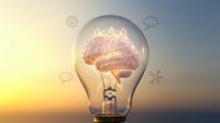 Glowing brain inside light bulb against sunset sky symbolizing creativity, innovation, and intelligent ideas for business and education concepts.