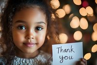 Young African American girl holding thank you note with warm bokeh lights and festive background, expressing gratitude and kindness during holiday season.