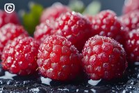 Fresh frozen raspberries covered with ice crystals on dark slate surface. Organic berry fruit for smoothies, desserts and healthy nutrition concepts.