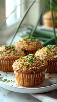 Savory muffins with chopped chives and sesame seeds on white plate by window, soft natural lighting creates cozy atmosphere for breakfast or brunch.
