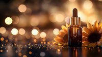 Amber glass dropper bottle with sunflower against golden bokeh background. Organic skincare and aromatherapy concept with essential oil container in warm lighting.