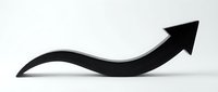 Black curved arrow pointing upward and forward on white background isolated for business growth presentations and infographic design elements.