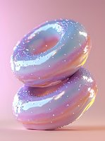 Glazed donuts with iridescent pastel coating and sparkly sugar crystals stacked against pink background, modern food photography style for bakery marketing.