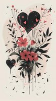Romantic floral composition with black heart and pink flowers, artistic ink splatter style with delicate leaves and small hearts on beige background.