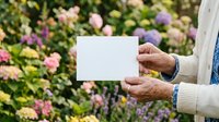Senior woman with aged hands holding blank white card outdoors among blooming pink and purple flowers, perfect for greeting cards and seasonal marketing campaigns.