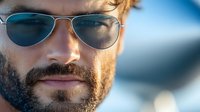 Closeup portrait of bearded Caucasian man wearing aviator sunglasses with blue sky reflection, showing confident smile and modern masculine style.