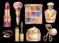 Luxury cosmetics collection with lipstick, makeup brushes, eyeshadow palette, perfume bottle, mascara, face cream, and eyelash curler isolated on transparent background. Ready for t-shirt design, clipart, stickers, sublimation, and print-on-demand products.
