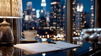 Coffee cup and laptop on table against blurred night city skyline view through window, creating cozy evening atmosphere with warm lamp light and bokeh effects.
