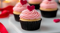 Valentine's Day cupcakes with pink frosting and red heart decorations on white plate, romantic dessert for love celebration and holiday baking.