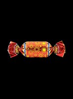 Festive wrapped candy with red and gold foil twisted ends and yellow starburst pattern center, isolated on transparent background. Ready for clipart, stickers, print-on-demand designs, and sublimation projects.