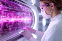 Female scientist in protective mask and glasses examining glowing purple experiment in modern laboratory setting with futuristic visualization effects.