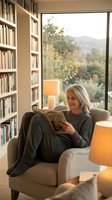 Senior Caucasian woman reading art history book in cozy home library with floor-to-ceiling bookshelves and warm evening lighting through large window.