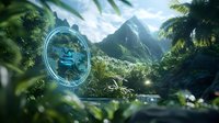 Futuristic portal gateway in lush tropical mountain landscape with glowing blue energy ring, palm trees and mystical atmosphere. Fantasy concept art background.