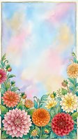 Watercolor floral border frame with colorful dahlia flowers on pastel rainbow background for greeting cards, invitations and stationery design.
