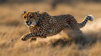 Cheetah in full sprint across African savanna grassland, captured mid-leap with powerful muscles flexed, dust trailing behind in golden evening light.