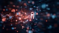 Digital security concept with glowing keyhole and lock icons floating in cyberspace against dark background with orange and blue bokeh light effects.
