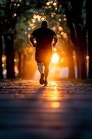 Silhouette of male runner jogging at sunset through tree-lined path with golden bokeh lights and dramatic sun flare creating inspiring fitness atmosphere.