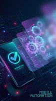Smartphone displaying workflow complete interface with holographic gears and neon lights floating above circuit board background, representing mobile automation and digital technology solutions.