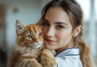 Young Caucasian woman with brown hair holding ginger Maine Coon cat close to face, showing affection and bonding moment between pet owner and feline companion.