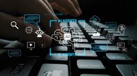 Business professional typing on laptop with AI agents and artificial intelligence technology overlay icons for automation and digital transformation.