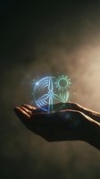 Hands holding glowing renewable energy symbols with wind turbine and sun icons representing sustainable power and green technology solutions.