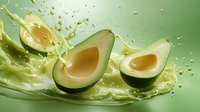Fresh avocado halves with splashing juice on green background, showcasing creamy texture for healthy food advertising.