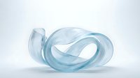 Elegant translucent blue glass sculpture with flowing curved ribbons on white background, modern abstract art piece for contemporary interior design.