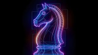 Glowing neon chess knight piece with vibrant purple and blue lighting effects on dark background for gaming and strategy concepts.