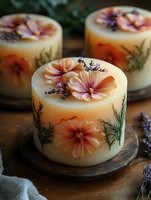 Handcrafted botanical candles decorated with pressed peach cosmos flowers and lavender sprigs on cream-colored wax, creating elegant home decor pieces on wooden surface.