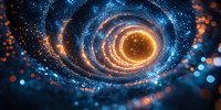 Mesmerizing spiral galaxy with glowing orange center and blue cosmic dust swirls against dark space background, creating dramatic celestial light effects for astronomy designs.