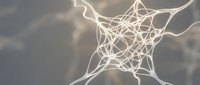 Abstract glowing neural network with interconnected nodes and pathways against blurred background for technology and science concepts.