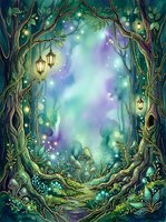 Enchanted forest portal with glowing lights, magical trees, and mystical atmosphere. Ethereal gateway surrounded by ancient twisted trunks, hanging lanterns, and luminescent particles. Fantasy woodland scene for book covers, game art, and digital design projects.